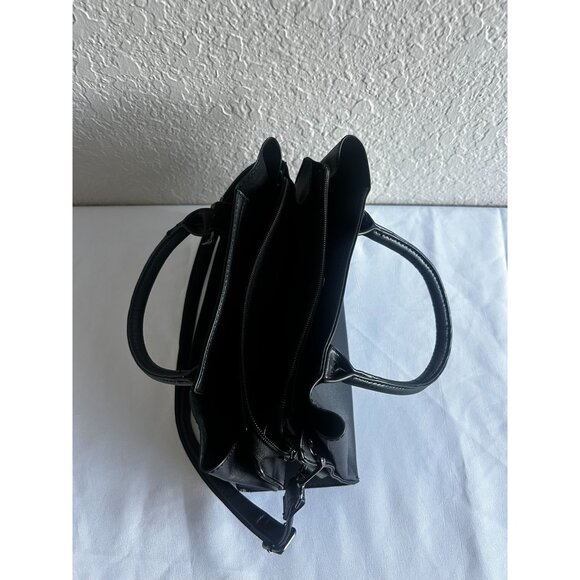 Women Black Faux Leather Satchel Bag With Double Top Handle Zipper Handbag - Picture 3 of 9